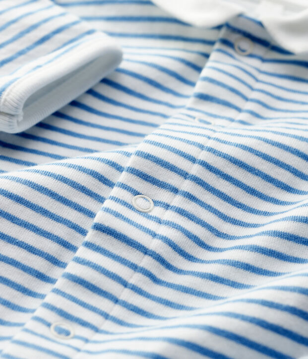 Babies' Blue Stripy Organic Cotton Sleepsuit with Collar white/blue